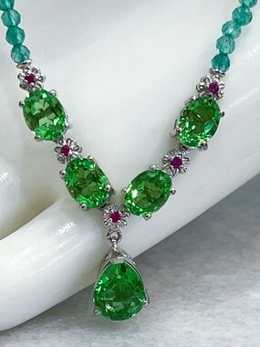 Chartreuse Quartz Multigemstone Silver Floral Y Drop 18” Necklace